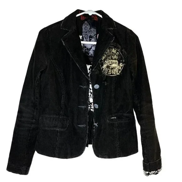 Miss Me Brown Distressed Corduroy Jacket Embroidered Long Sleeve Blazer Grunge S - Picture 1 of 15